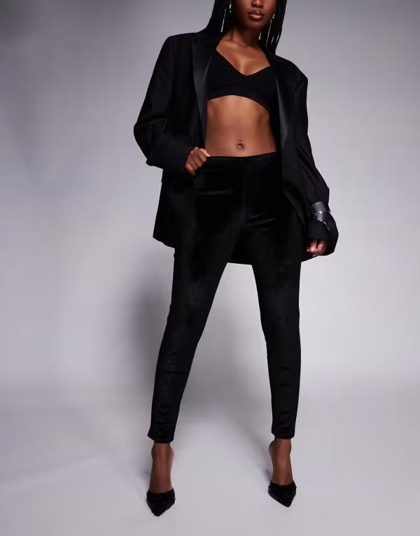 エイソス レディース ボトムス 心地好いズボン下 コール天 天鵞絨 レギンス ASOS DESIGN velvet corduroy leggings Black 黒いこと