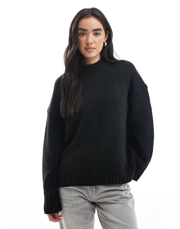 エイソス レディース アウター 編み物・プルオーバー 労働者の一団のど首 プルオーバー ASOS DESIGN oversized crew neck sweater with curved hem clean yarn Black 黒いこと レディースファッション-セーター