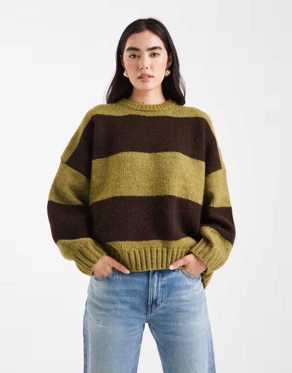 エイソス レディース アウター ニット・セーター クルーネック セーター ASOS DESIGN oversized stripe crew neck sweater in olive and chocolate Brown ブラウン