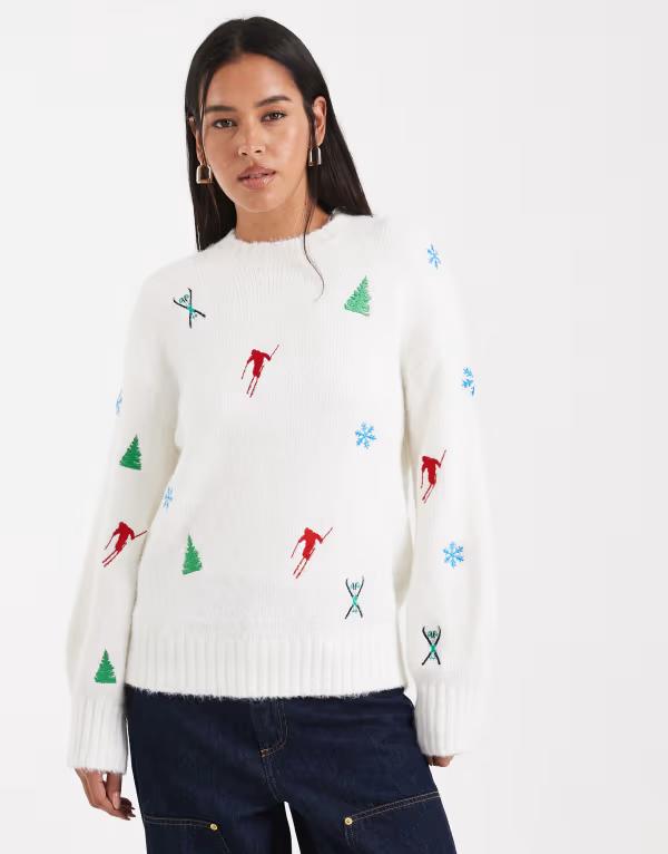 エイソス レディース アウター ニット・セーター セーター 刺繍 ASOS DESIGN ski embroidered sweater WHITE ホワイト