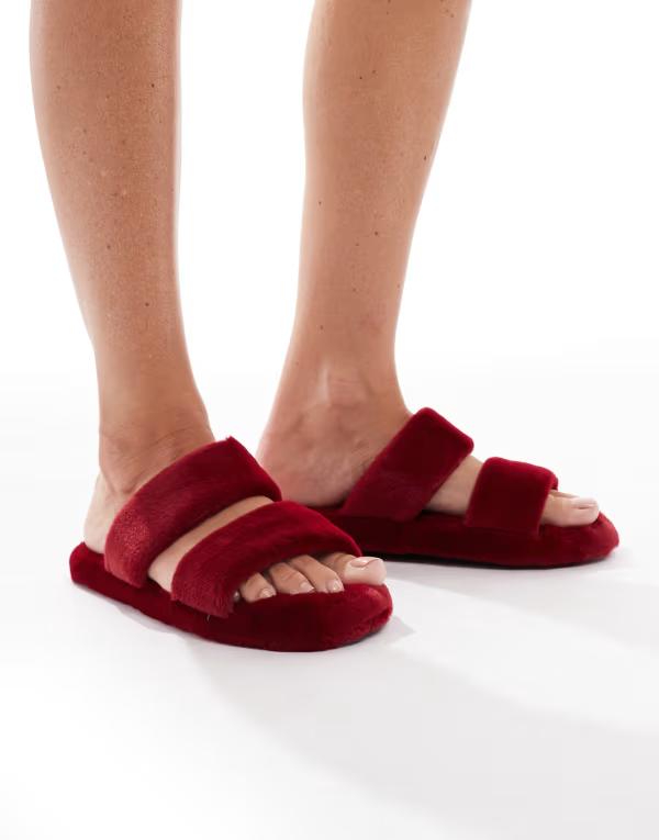 ブレーブソウル レディース シューズ サンダル Brave Soul faux fur double strap slipper slides RED レッド