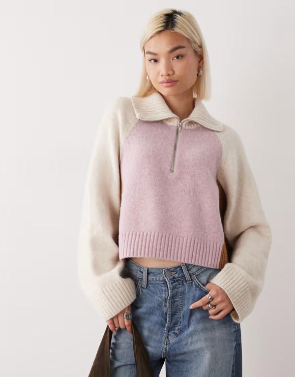 モンキ レディース アウター ニット・セーター ハーフジップ セーター Monki half zip color block sweater and cream pink ピンク