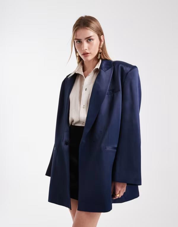 エイソス レディース アウター 上衣・上衣 繻子 スポーツジャケット ASOS DESIGN satin longline oversized blazer Navy 米国海軍