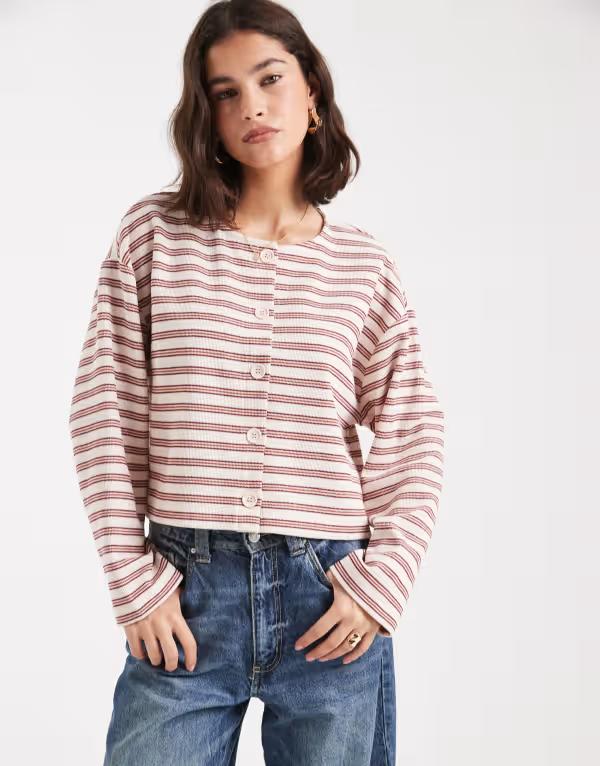 ミスセルフフリッジ レディース アウター カーディガン リブ Miss Selfridge ribbed button up long sleeve cardigan in stripe STRIPE ストライプ