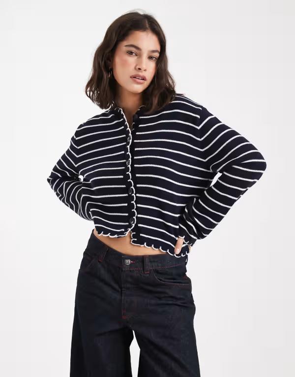 ミスセルフフリッジ レディース アウター カーディガン Miss Selfridge striped blanket-stitch cardigan Navy stripe ネイビー