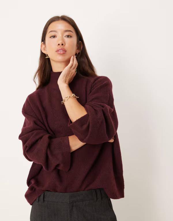 エイソス レディース アウター 編み物・プルオーバー 照明ランプのど首 プルオーバー ASOS DESIGN longline sweater with funnel neck インチ plum Plum 酸桃 トップス-ニット・セーター