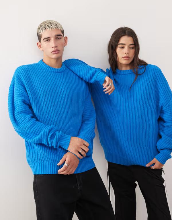 コルージョン レディース アウター ニット・セーター リブニット セーター ニット COLLUSION Unisex fisherman rib knit sweater BLUE ブルー|ReVida 店