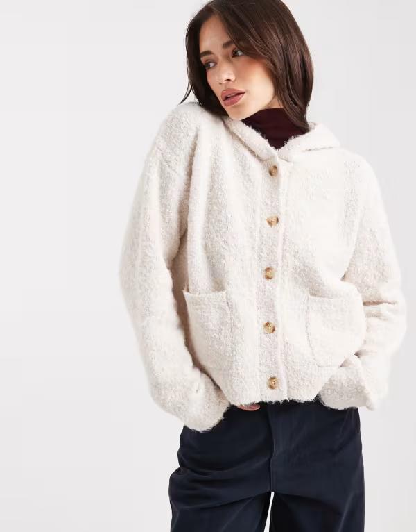 ミスセルフフリッジ レディース アウター カーディガン Miss Selfridge boucle hooded button cardigan in oatmeal Oatmeal オートミール 15,386円