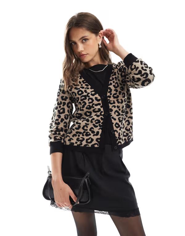 オンリー レディース アウター カーディガン Vネック アニマル柄 プリント ONLY animal print v-neck cardigan Black ブラック