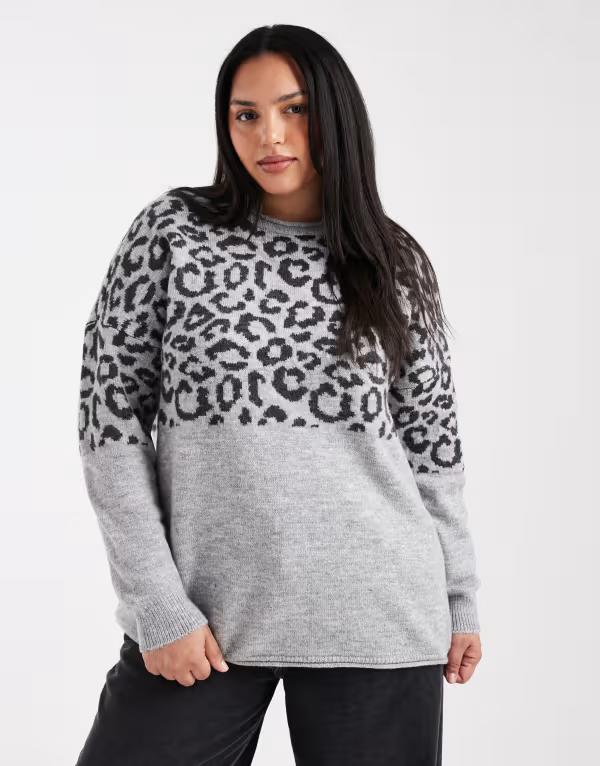 オンリーカーブ レディース アウター ニット・セーター アニマル柄 プリント セーター ONLY Curve animal print sweater LIGHT GRAY グレー