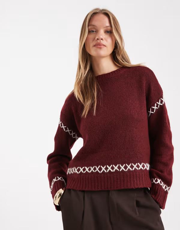 オンリー レディース アウター ニット・セーター セーター コントラスト ONLY contrast details round neck sweater Burgundy バーガンディ