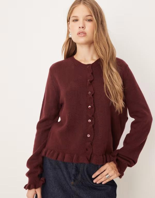 ジェイディーワイ レディース アウター カーディガン ニット JDY frill details knit cardigan Burgundy バーガンディ|ReVida 店