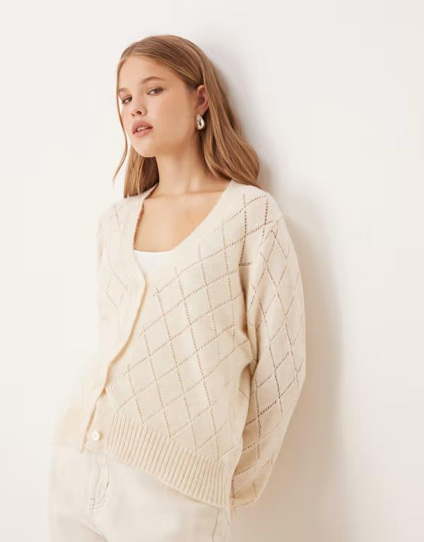 ジェイディーワイ レディース アウター カーディガン ニット JDY diamond knit cardigan with lettuce sleeve in light Whitecap gray グレー
