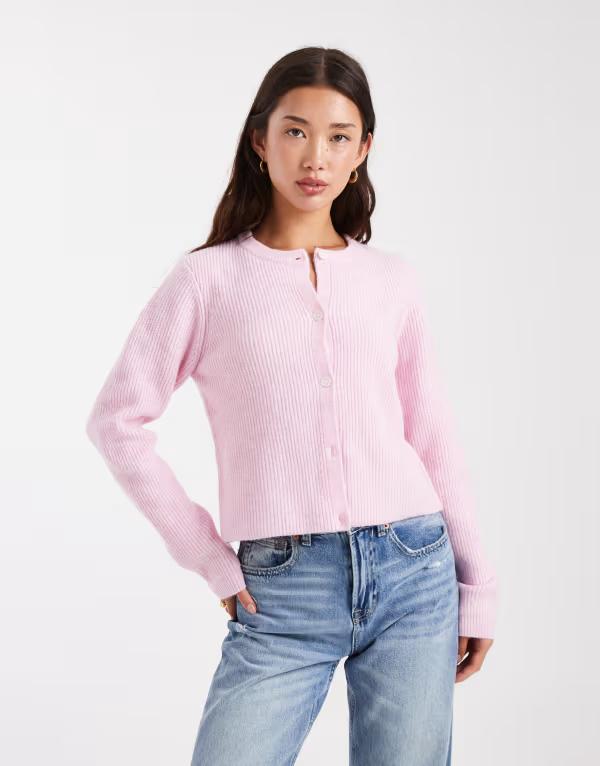 ピーシーズ レディース アウター カーディガン ニット Pieces soft knit long sleeve cardigan in rose Roseate spoonbill ピンク