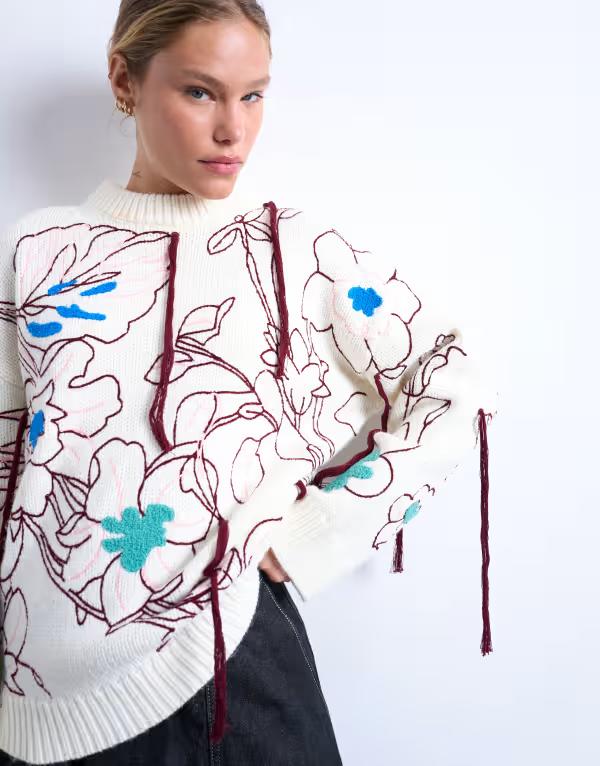 トップショップ レディース アウター ニット・セーター セーター 刺繍 ニット Topshop knit premium oversized embroidered sweater Ivory アイボリー｜ReVida 店