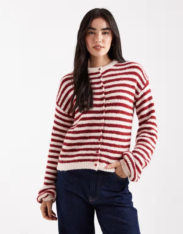 デイジーストリート レディース アウター カーディガン Daisy Street boxy fit cardigan and off white stripe Red white stripe ホワイト|ReVida 店