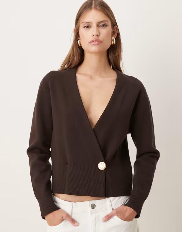 マンゴ レディース アウター カーディガン ラップウエスト ニット Mango compact knit wrap waist cardigan with gold button BROWN ブラウン 16,485円