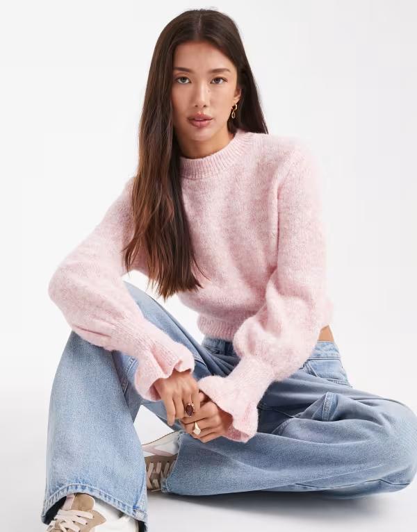エイソス レディース アウター 編み物・プルオーバー プルオーバー 編み物 ASOS DESIGN knit sweater with frill cuffs pink サクラ色 ニット・セーター-トップス-レディースファッション