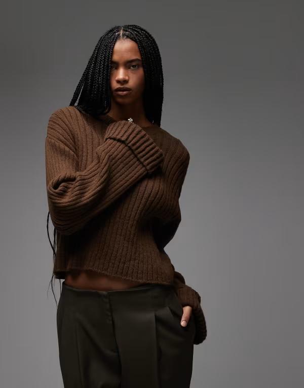 エイソス レディース アウター 編み物・プルオーバー プルオーバー 編み物 ASOS DESIGN knit sweater with turn up cuff Brown 赤銅色 レディースファッション-トップス