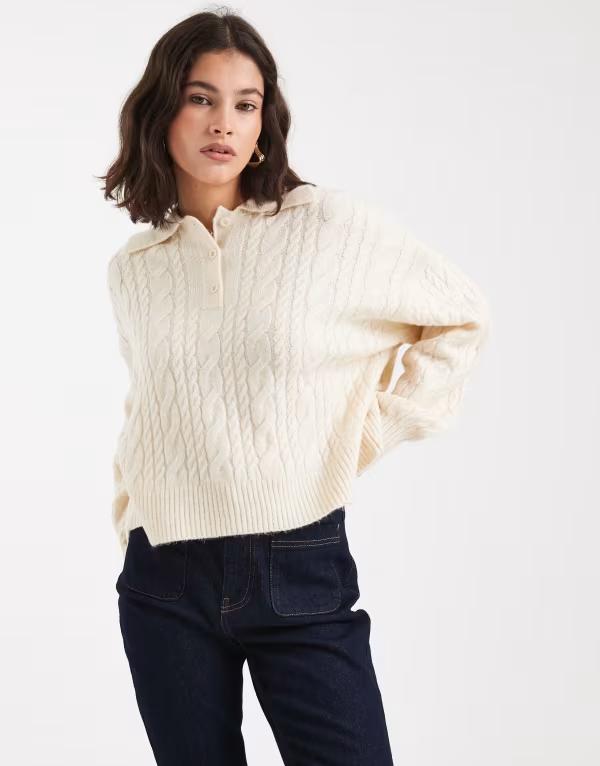 エイソス レディース アウター 編み物・プルオーバー スポーツシャツ 編み物 ASOS DESIGN knit cable polo top インチ cream Cream 皮膚軟化剤 トップス-セーター
