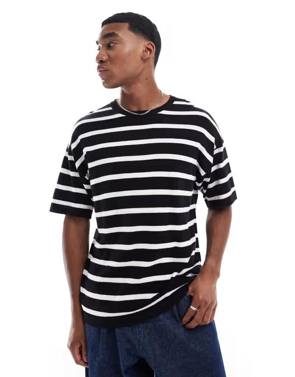 ジャック アンド ジョーンズ メンズ トップス Tシャツ ニット Jack & Jones oversized knit striped t-shirt Black ブラック｜ReVida 店