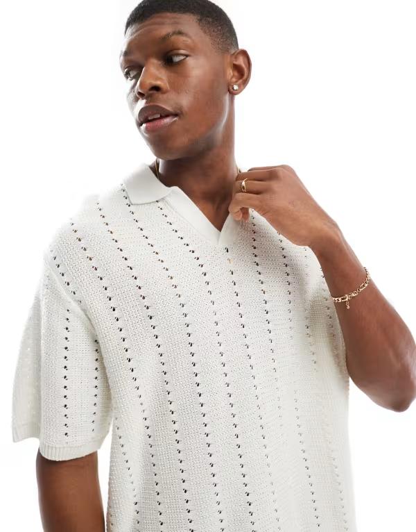 ジャック アンド ジョーンズ メンズ トップス ポロシャツ Jack & Jones split neck polo in crochet Sea salt ホワイト｜ReVida 店