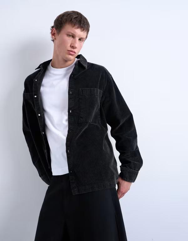 トップマン メンズ トップス シャツ コーデュロイ Topman washed corduroy overshirt Black ブラック