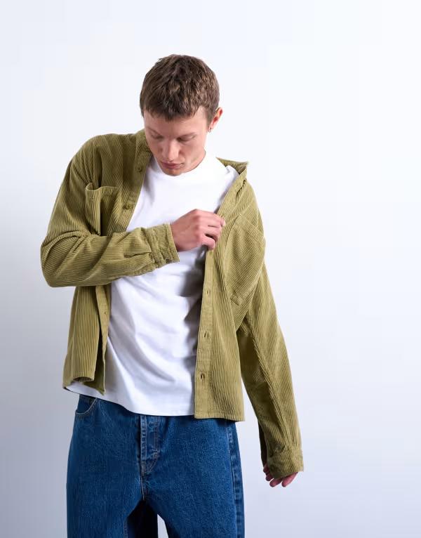 トップマン メンズ トップス シャツ レギュラーフィット Topman regular fit cord shirt in washed GREEN グリーン