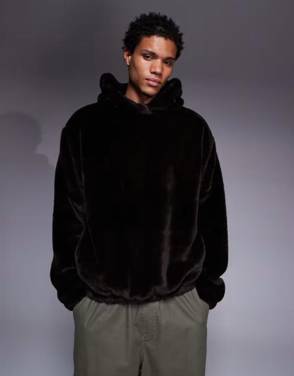 エイソス メンズ アウター パーカー・スウェット パーカー ASOS DESIGN oversized faux fur hoodie with side entry pockets Mole ブラウン