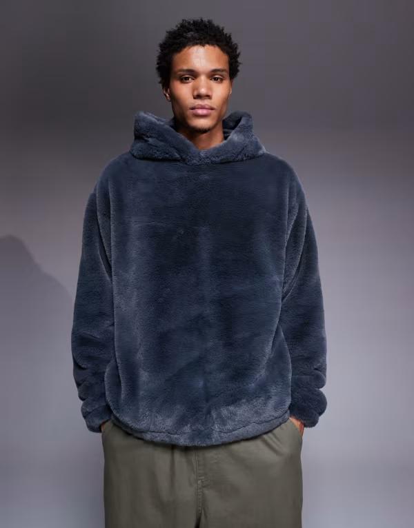 エイソス メンズ アウター パーカー・スウェット パーカー ASOS DESIGN oversized faux fur hoodie with side entry pockets Poppy Seed グレー