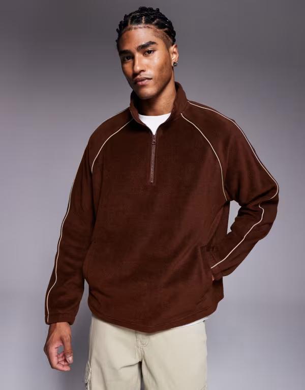 エイソス メンズ アウター パーカー・スウェット スタンドネック スウェット シャツ フリース ASOS DESIGN oversized funnel neck fleece sweatshirt with piping Potting soil ブラウン