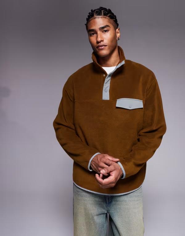 エイソス メンズ アウター パーカー・スウェット スタンドネック スウェット シャツ フリース ASOS DESIGN oversized funnel neck fleece sweatshirt with quarter snap Bison ブラウン