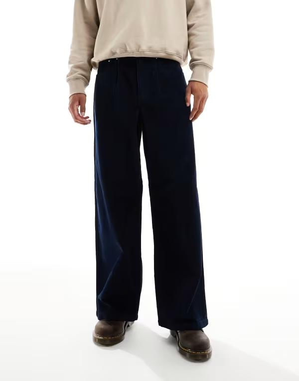 エイソス メンズ ボトムス 心地よいズボン下 コール天 ズボン下 ASOS DESIGN super baggy pants corduroy NAVY 米国海軍