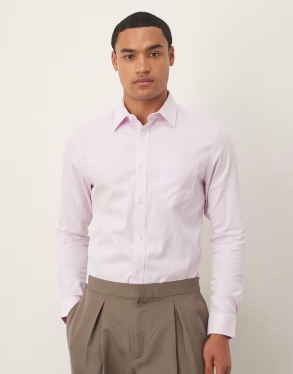 エイソス メンズ トップス シャツ ASOS DESIGN slim herringbone shirt PINK ピンク｜ReVida 店