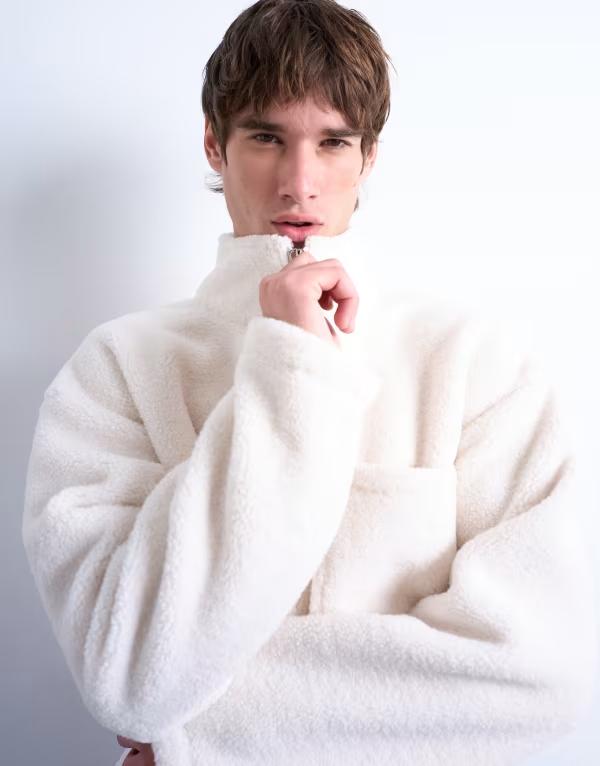 とっ始めマン メンズ アウター 編み物・スウェーター 流汗 プルオーバー Topman 1/4 zip borg sweatshirt インチ ecru ECRU エクリュ