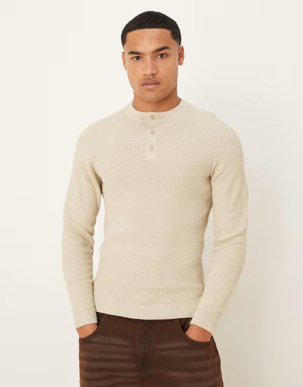 エイソス メンズ アウター ニット・セーター ヘンリーネック セーター ニット ASOS DESIGN muscle fit knit henley neck sweater in cream CREAM クリーム