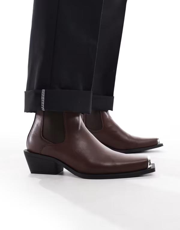 エイソス メンズ シューズ ブーツ・レインブーツ チェルシーブーツ チェルシー キャップ ブーツ ヒール ASOS DESIGN cuban heel western chelsea boots with silver toe cap BROWN ブラウン