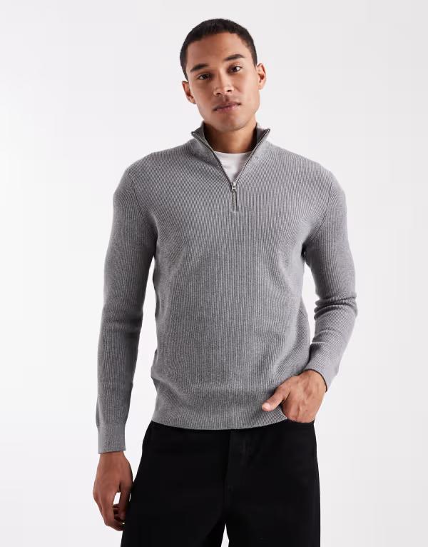 オンリーアンドサンズ メンズ アウター ニット・セーター ハーフジップ リブ セーター ONLY & SONS ribbed half zip sweater Medium gray melange グレー 18,600円
