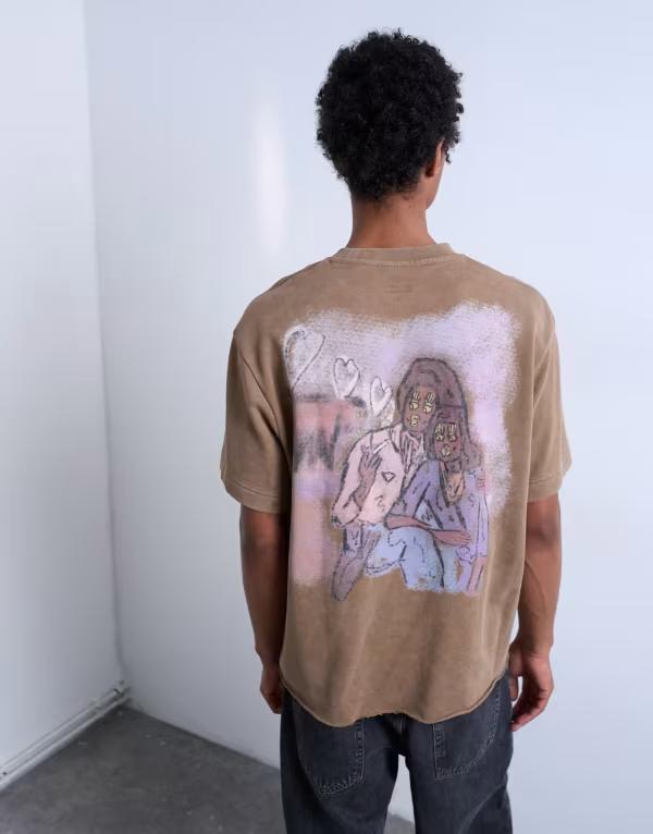 トップマン メンズ トップス Tシャツ プリント シャツ EXCLUSIVE Topman x Mason Newman boxy fit T-shirt with heart front and back print in washed BROWN ブラウン