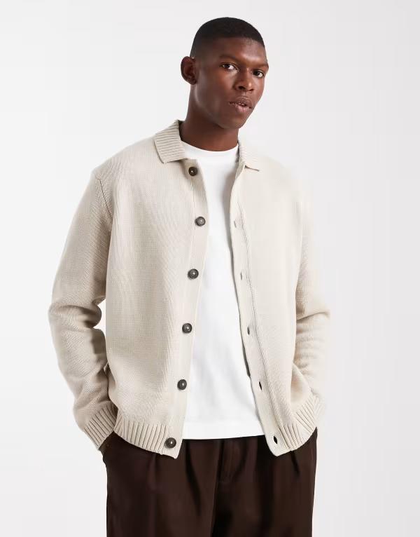 オンリーアンドサンズ メンズ アウター カーディガン ONLY & SONS regular cardigan in stone Silver Lining シルバー