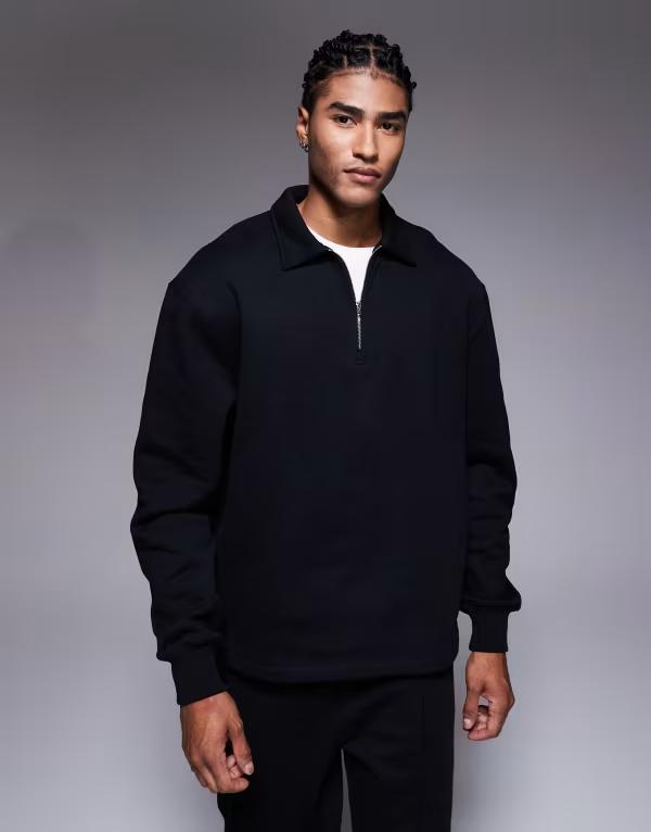 エイソス メンズ アウター パーカー・スウェット ハーフジップ スウェット シャツ ASOS DESIGN premium heavyweight oversized collared quarter zip sweatshirt - part of a set Black ブラック