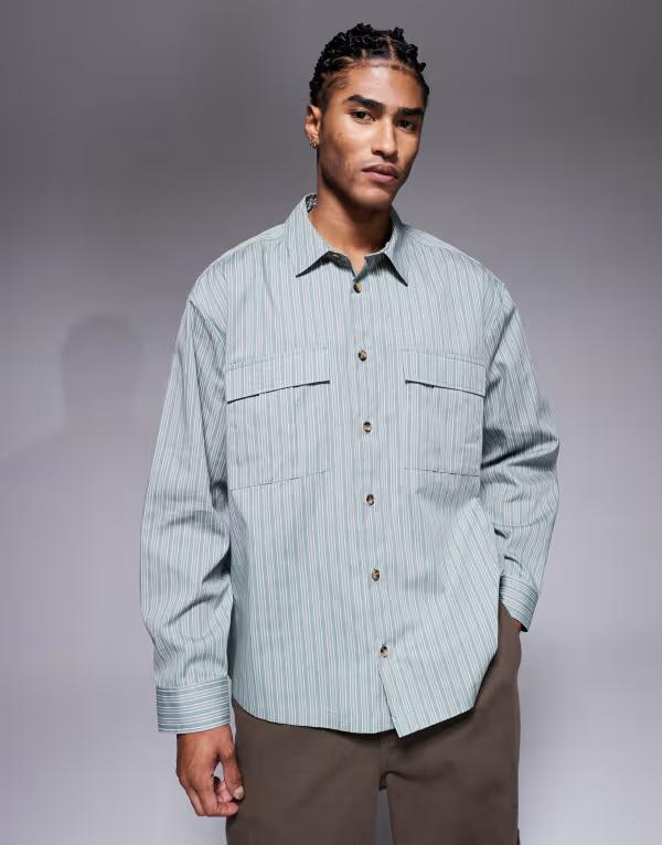エイソス メンズ トップス シャツ ASOS DESIGN boxy oversized stripe shirt GREEN グリーン