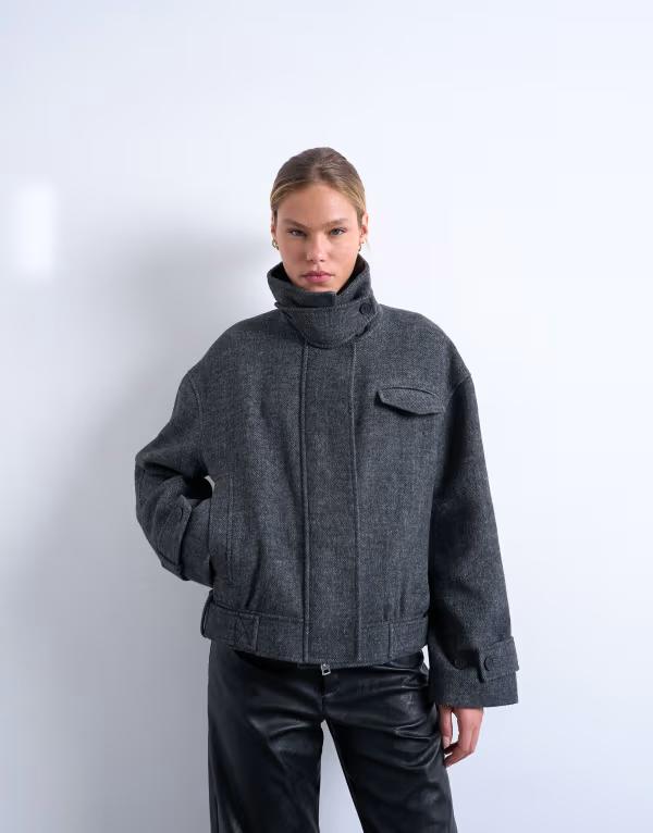 トップショップ レディース アウター コート ウール ジャケット Topshop wool blend bomber jacket with tab detail in charcoal charcoal チャコール｜ReVida 店