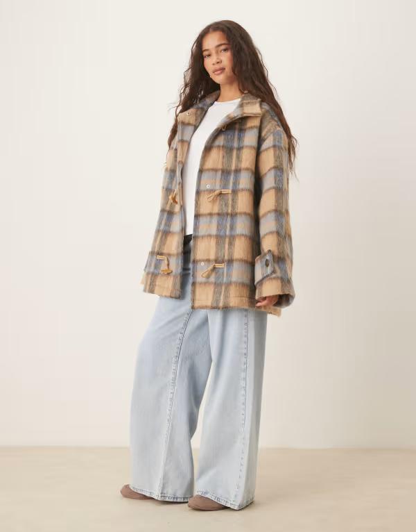 エイソス レディース アウター コート スタンドネック ウール ASOS DESIGN wool blend funnel neck coat with toggle detail in heritage plaid Heritage check チェック