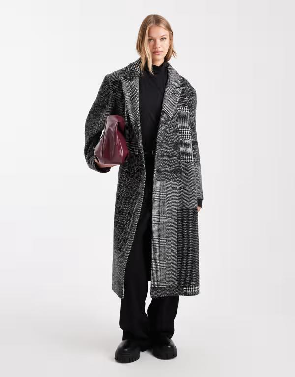 エイソス レディース アウター ジャケット・ブルゾン コート ASOS DESIGN oversized dad coat and white spliced check Black & white ホワイト