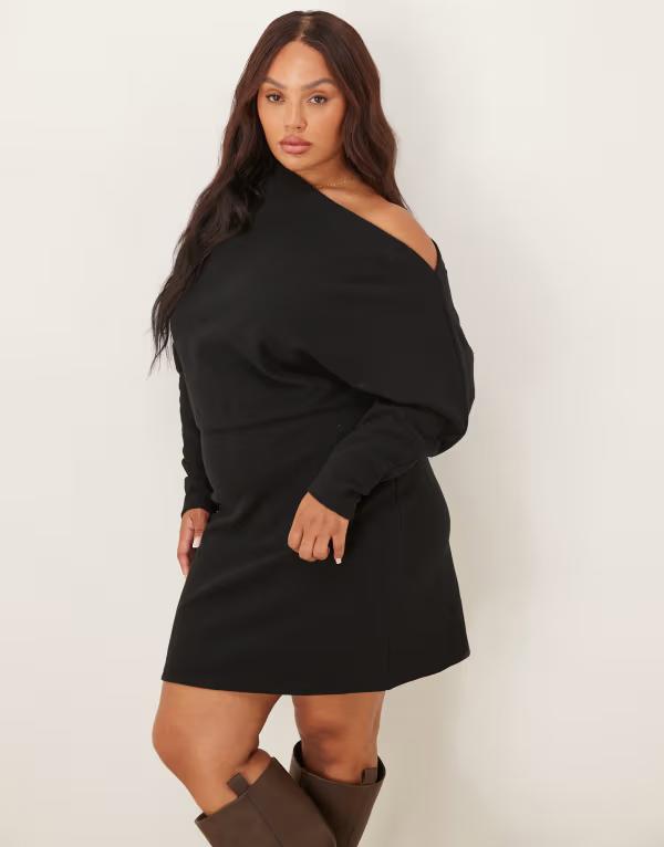 エイソス レディース トップス ワンピース ミニワンピース ミニ ASOS Curve ASOS DESIGN Curve supersoft long sleeve fallen shoulder mini dress Black ブラック