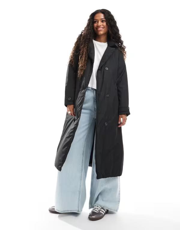 ブレーブソウル レディース アウター コート Brave Soul long double breasted padded coat with belt Black ブラック