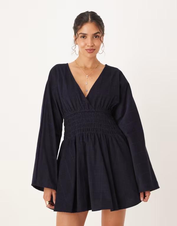 エイソス レディース トップス ワンピース Vネック コーデュロイ ミニワンピース ミニ ASOS DESIGN corduroy v neck mini dress with shirred waist in inky Inky blue ブルー