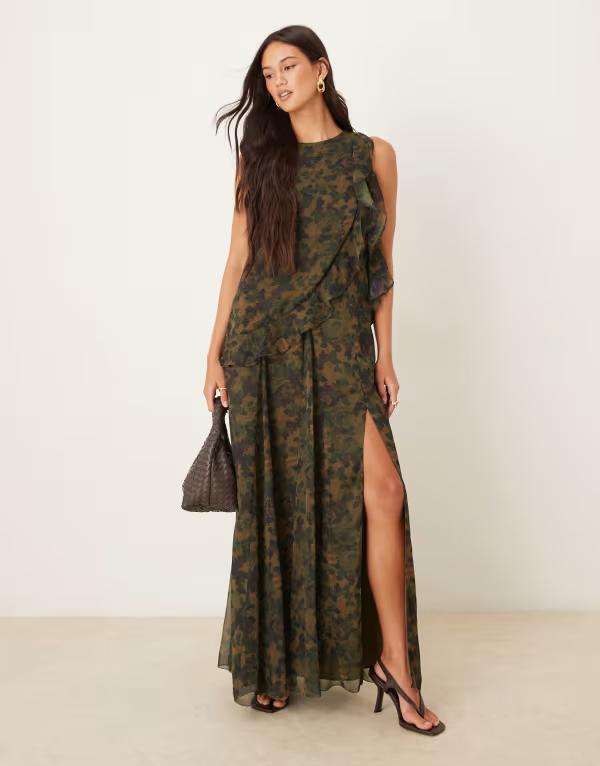 エイソス レディース トップス ワンピース プリント フリル マキシ ASOS DESIGN racer neck maxi shift dress with ruffle detail abstract print Green abstract グリーン