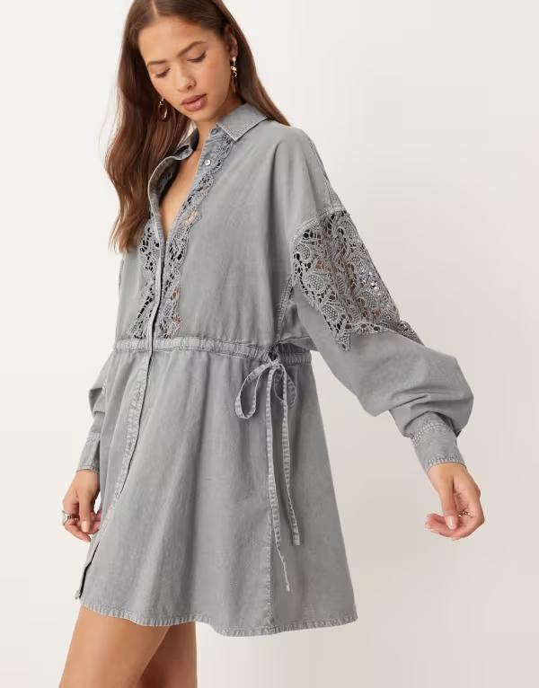 エイソス レディース トップス ワンピース シャツワンピース ミニ シャツ 刺繍 ASOS DESIGN embroidered washed mini shirt dress washed blue ブルー